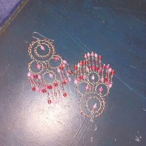Vintage long dangling chandelier earrings beaded pink red